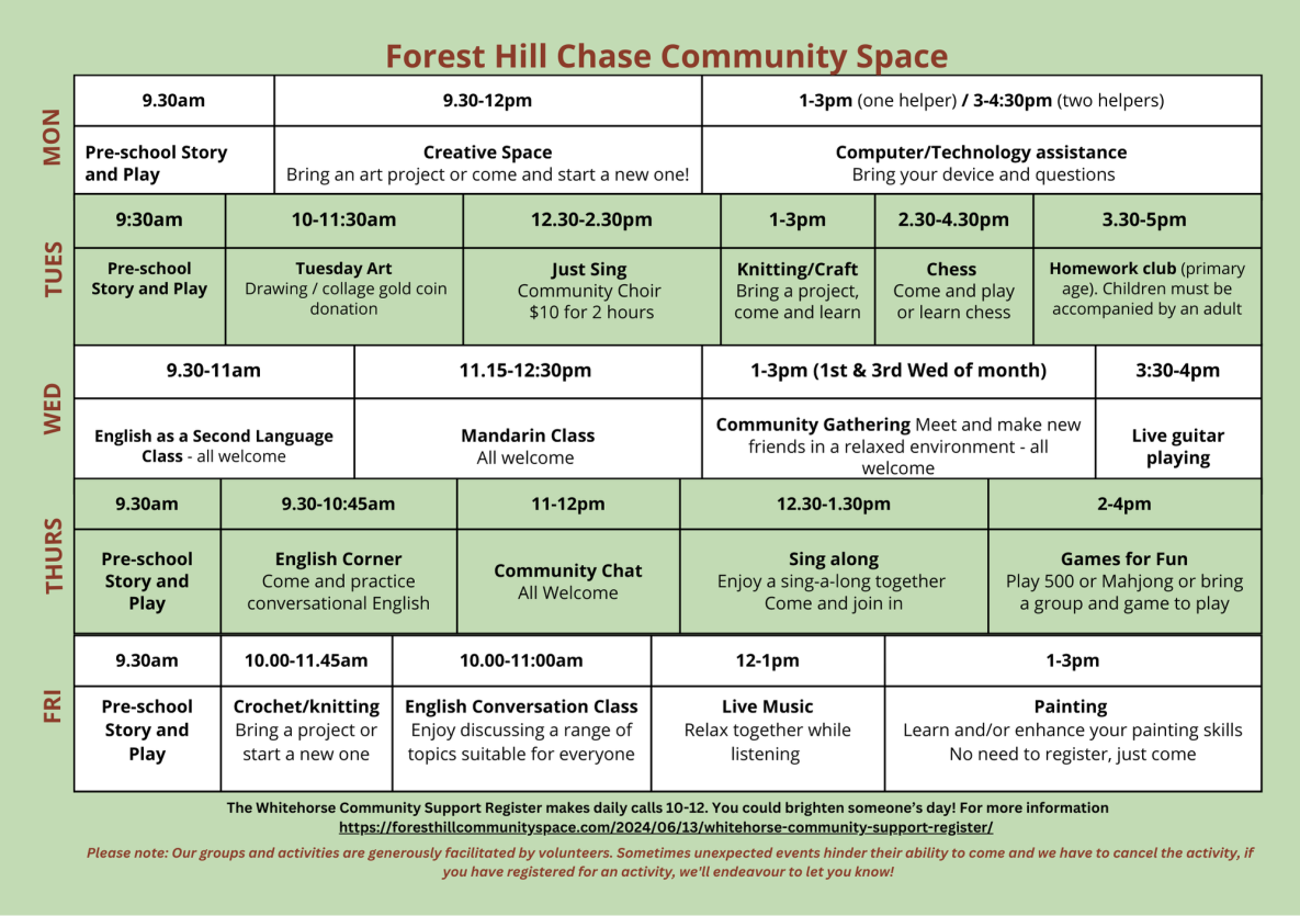 Forest Hill Chase Community Space timetable September