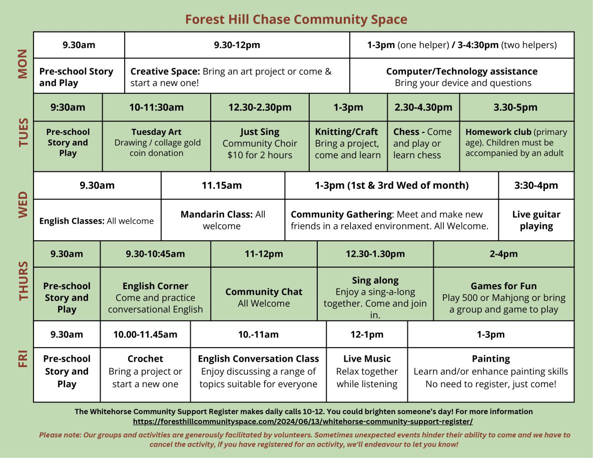 Forest Hill Chase Community Space timetable October