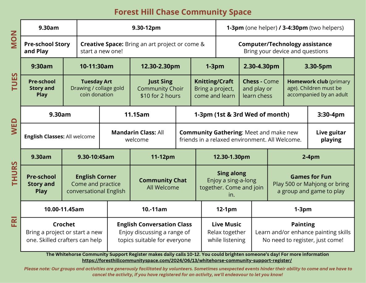 Forest Hill Chase Community Space December Calendar