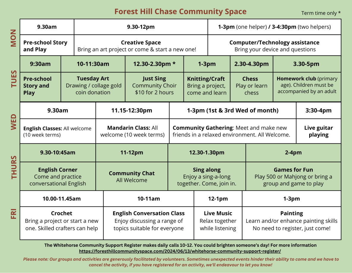 Forest Hill Chase Community Space February Calendar