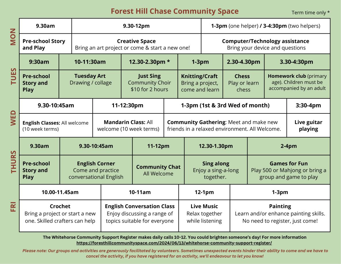 Forest hill community space timetable march 2026